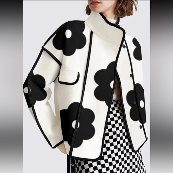 Jackets & Blazers - Floral Black and White High Collar Button Women's Coat Jacket